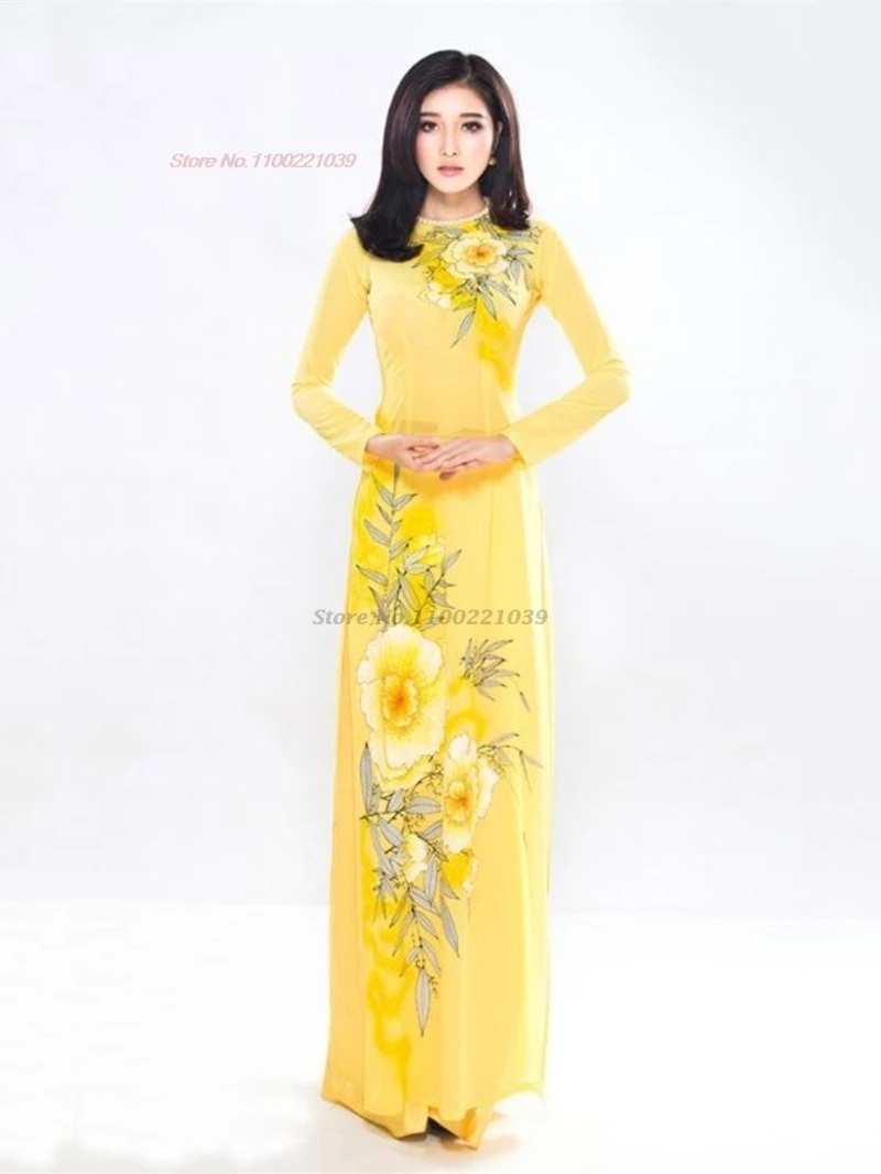 2025 vietnam traditional dress aodai national dress+pants set flower print qipao oriental banquet party evening dress vestido