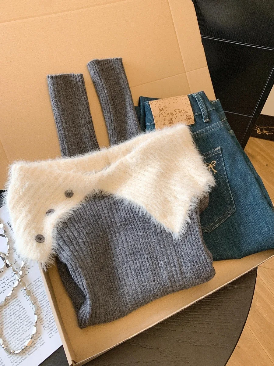 Langer Sve-Strickpullover für Mädchen, weiches, pelziges Oulder-Unterhemd mit Bared-Innenbekleidung, verdickte Winterfarbe, lässiges Sli-Strickoberteil