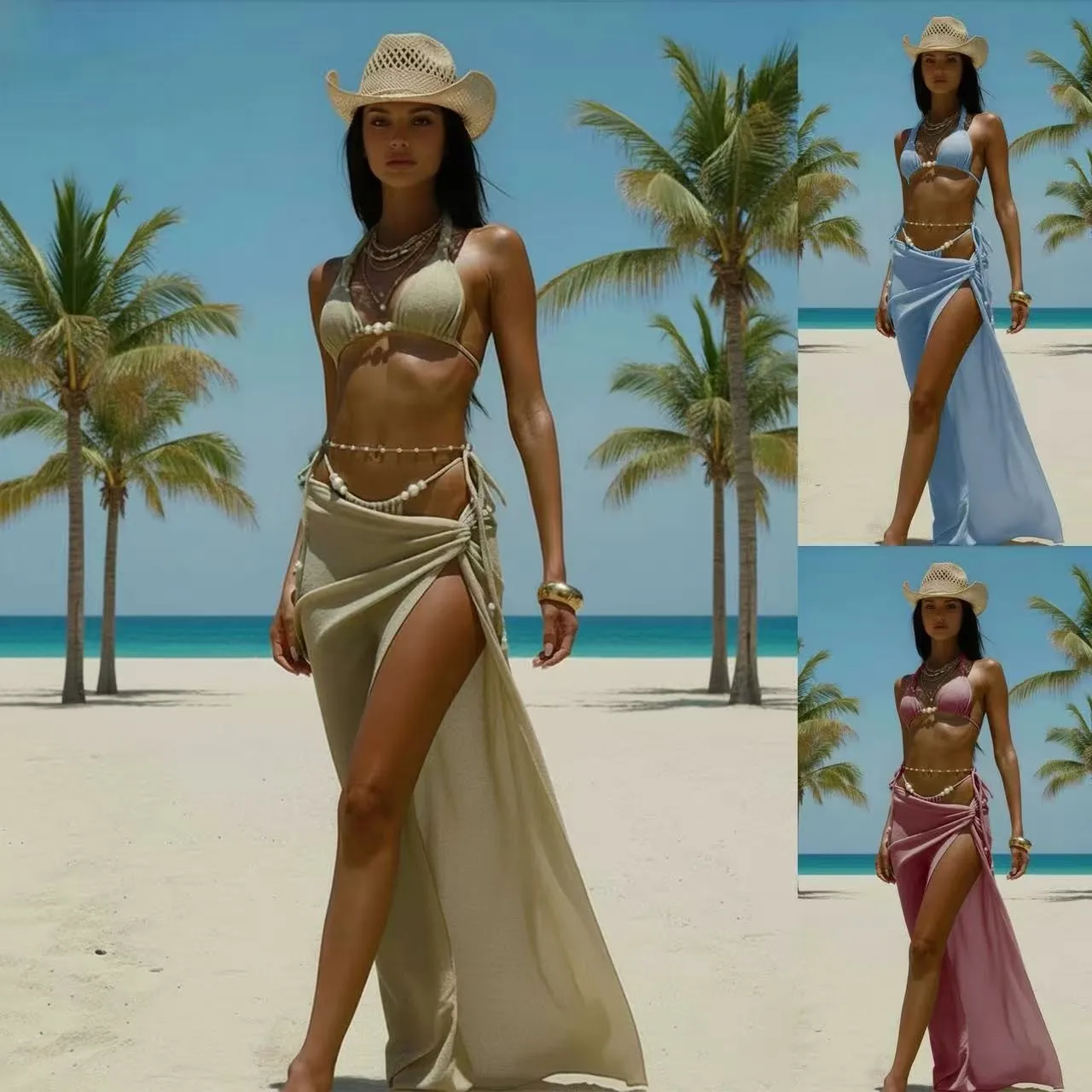 Women's Two-piece Bikini Light Blue High Stretch Halter Neck Bikinis Beige String Bottom Swimsuit Pink Wrap Skirt Beachwear