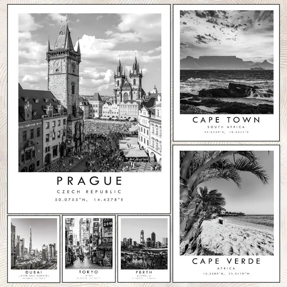 Dubai Prague Sydney Travel Cities Black And White Poster Self-adhesive Art Room Entrance Restaurant Wall Decor Art Painting