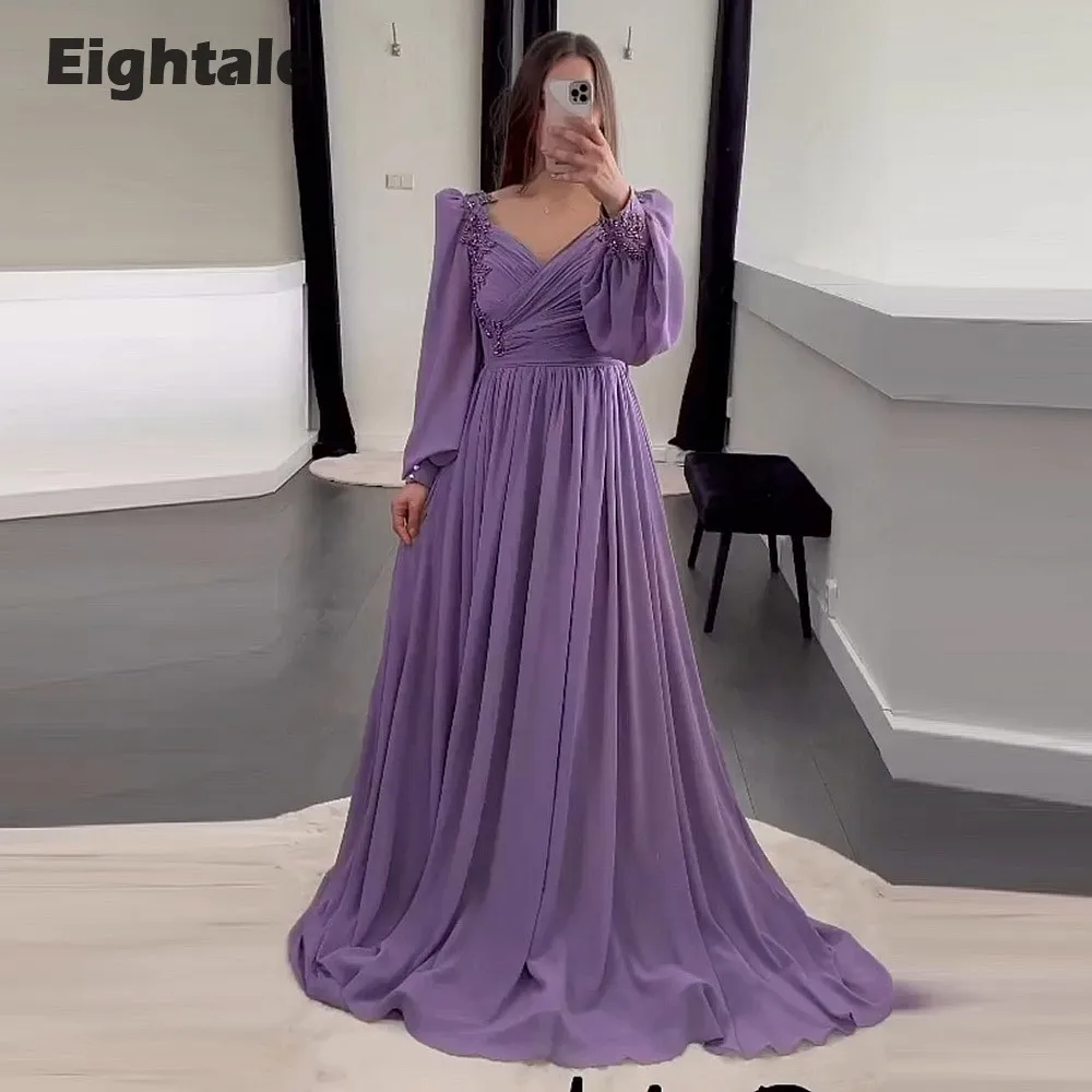 

Eightale Evening Dresses V-Neck Appliques Beaded Long Sleeves Chiffon Prom Gown Vestidos De Noche Elegantes Para Mujer 2023