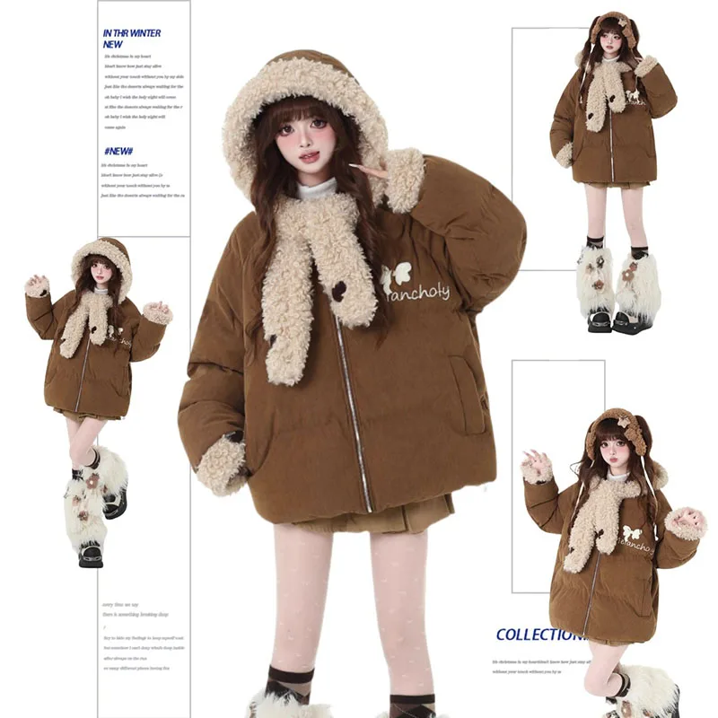 

Милое модное женское милое пальто с капюшоном, свободная повседневная новая хлопковая куртка, толстое теплое женское пальто, осень-зима 2025, женская одежда