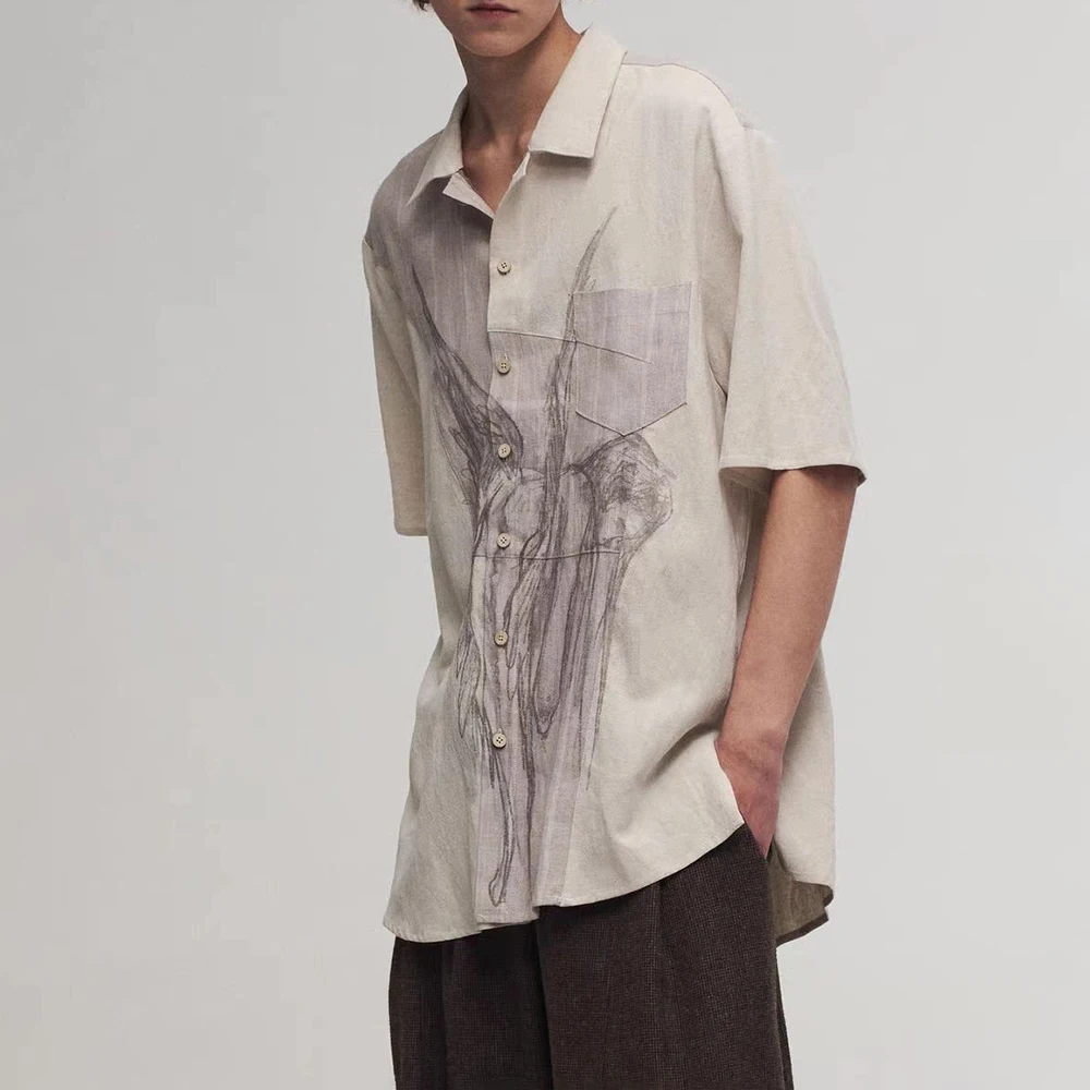 2025 Summer New Men's Splicing Short Sleeve Shirt American Retro Fashion Trend Street Hip Hop Loose Casual Niche Men's Tops