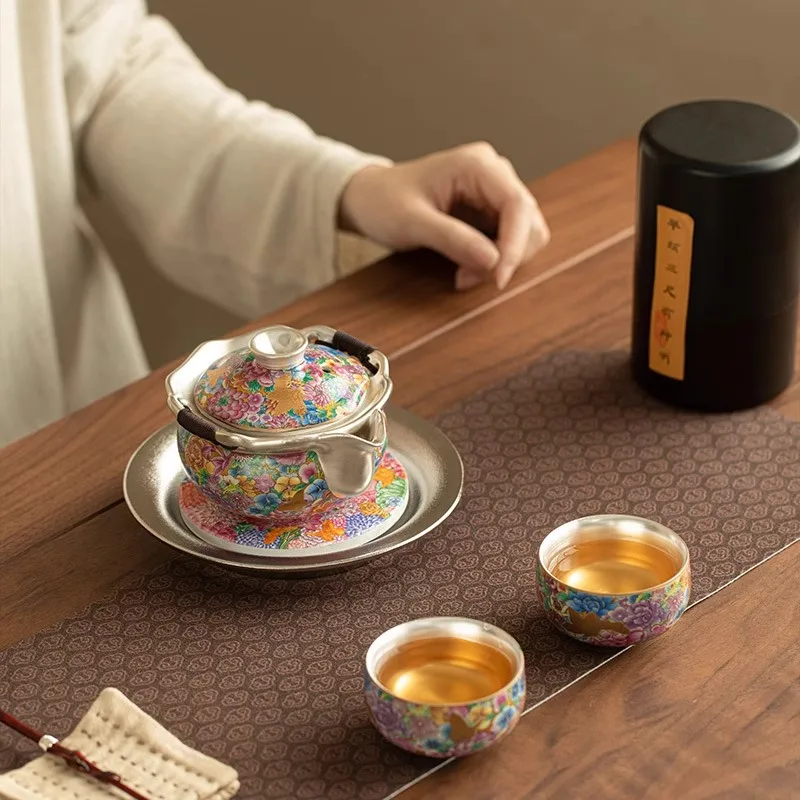 

Royal-Style Silver-Plated Enameled Ceramic Tea Set with Gift Box (1 Pot 2 Cups Lidded Cover) for Festive Occasions