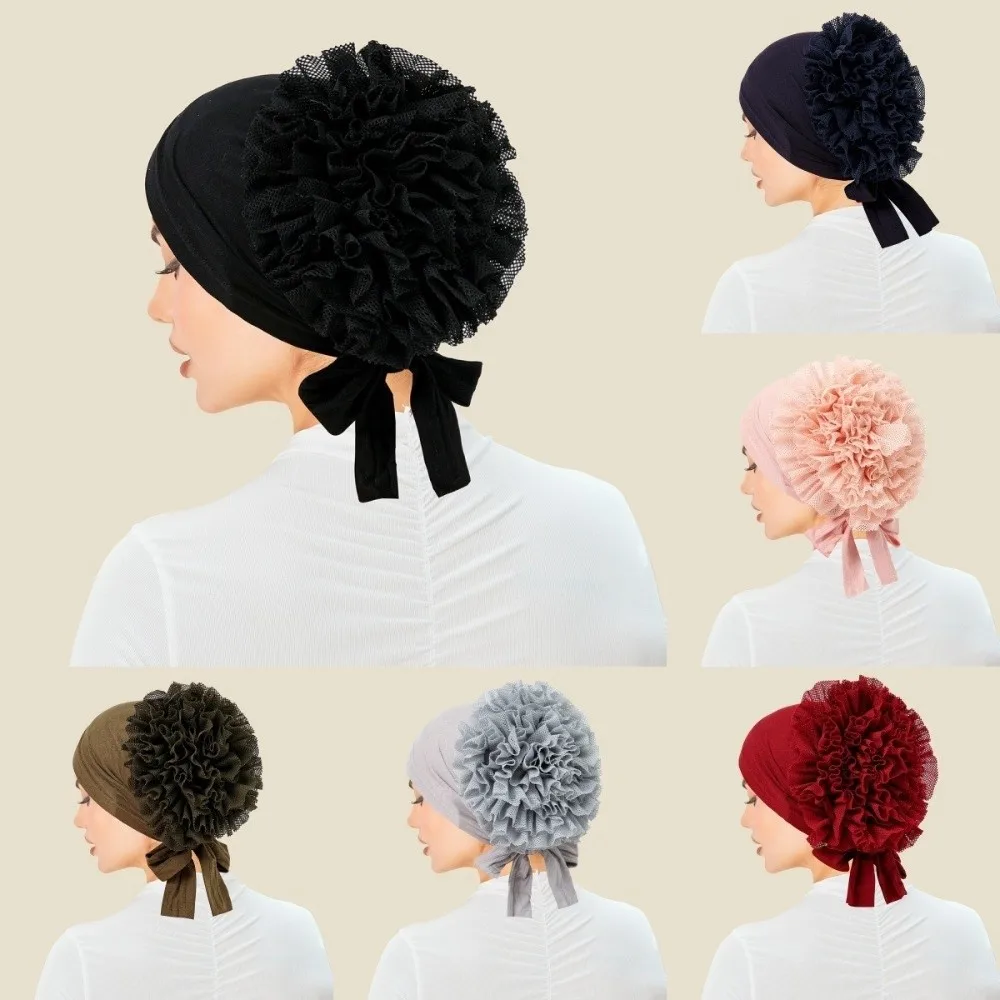 

Solid Color Pre-tied Hijabs Thin Modal Tie Back Turban Hat Back Lace Flower Breathable Women's Hijabs Women Head Covering