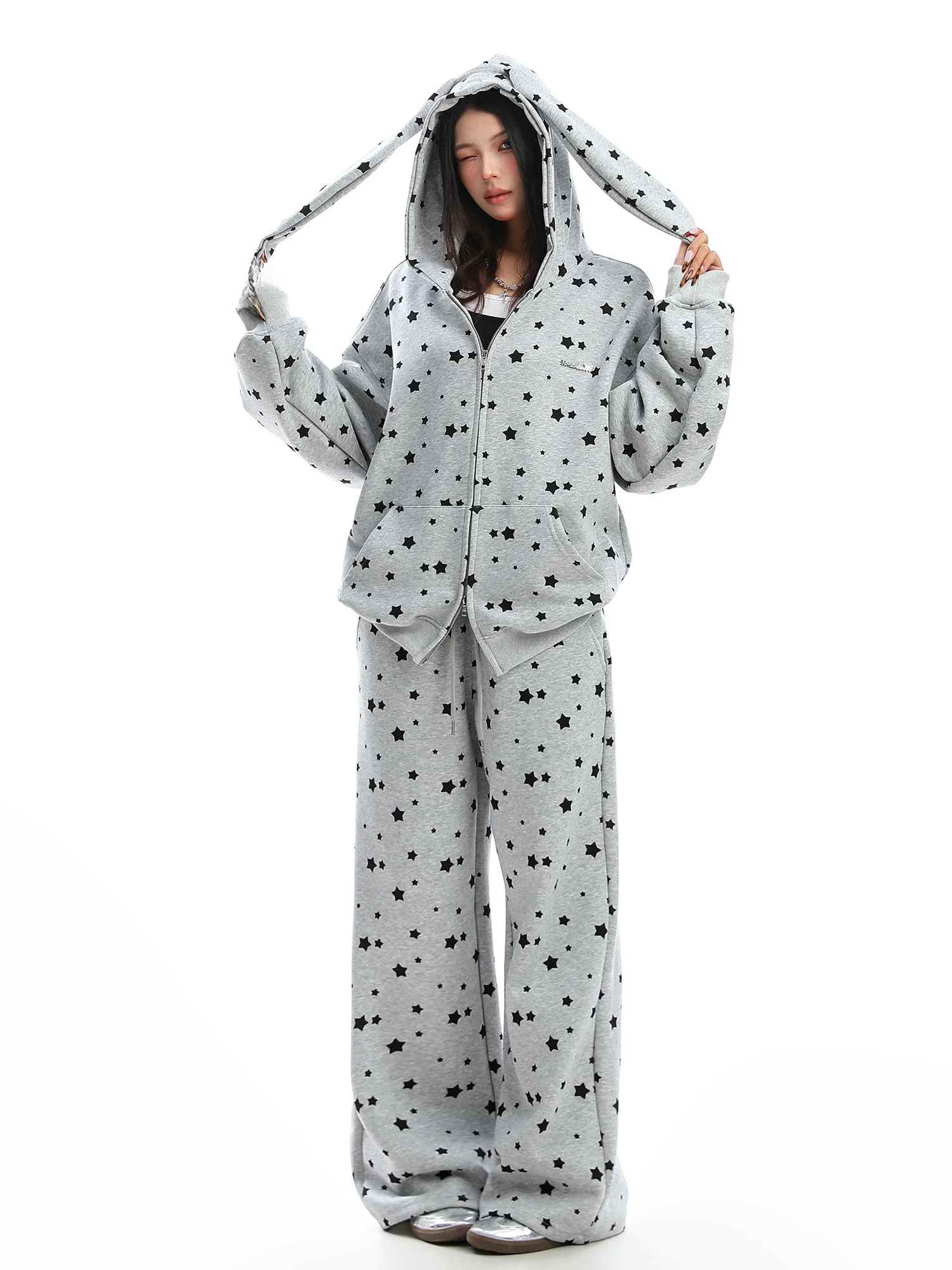 

American Sle Printed Hat Sweatirt Women's Autumn Winter Casual Pants Two-Piece Set Jaet Outerwear Biggold Rabbit Ear De...