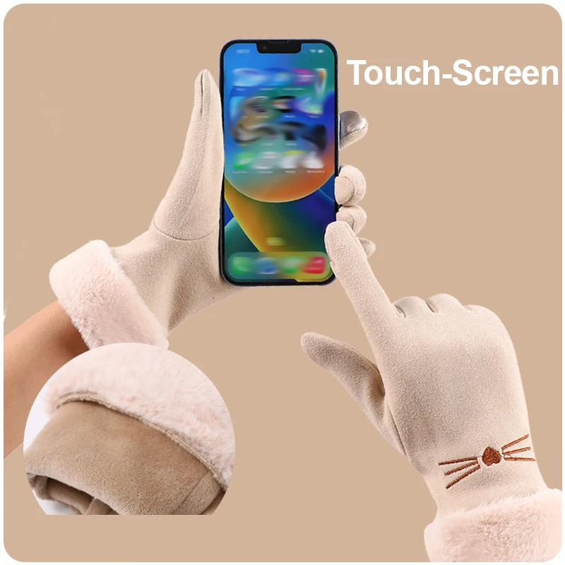 Women Winter Gloves Cat‑whisker Embroidery Faux Fur Cuff Touch Screen Warm Fleece Lined Windproof Ladies Cute Elegant Gloves