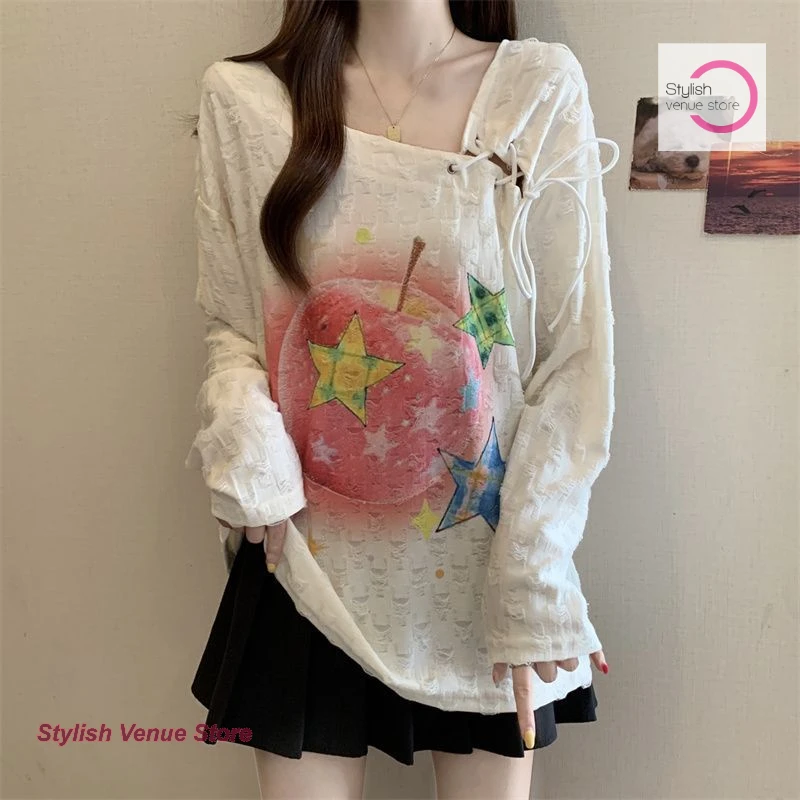 

Korean version of diagonal shoulder strap star printed long-sleeved T-shirt women's spring and autumn new loose slim top.