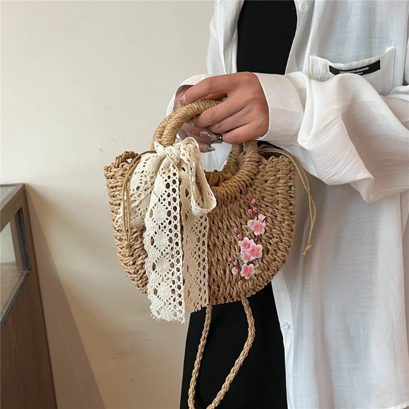 Casual Straw Bag Handmade ครึ่งรอบหวายสานกระเป๋าสะพายกระเป๋าสะพายข้างกระเป๋าถือสำหรับชายหาดและการเดินทาง