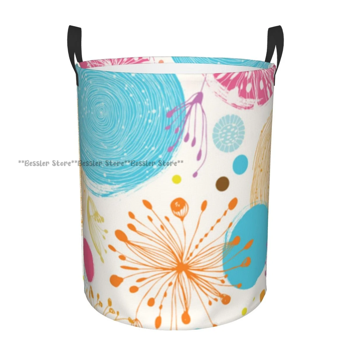 

Laundry Basket Floral Geometrical Abstract Funky Print Round Storage Bin Collapsible Hamper Clothes Bucket Organizer