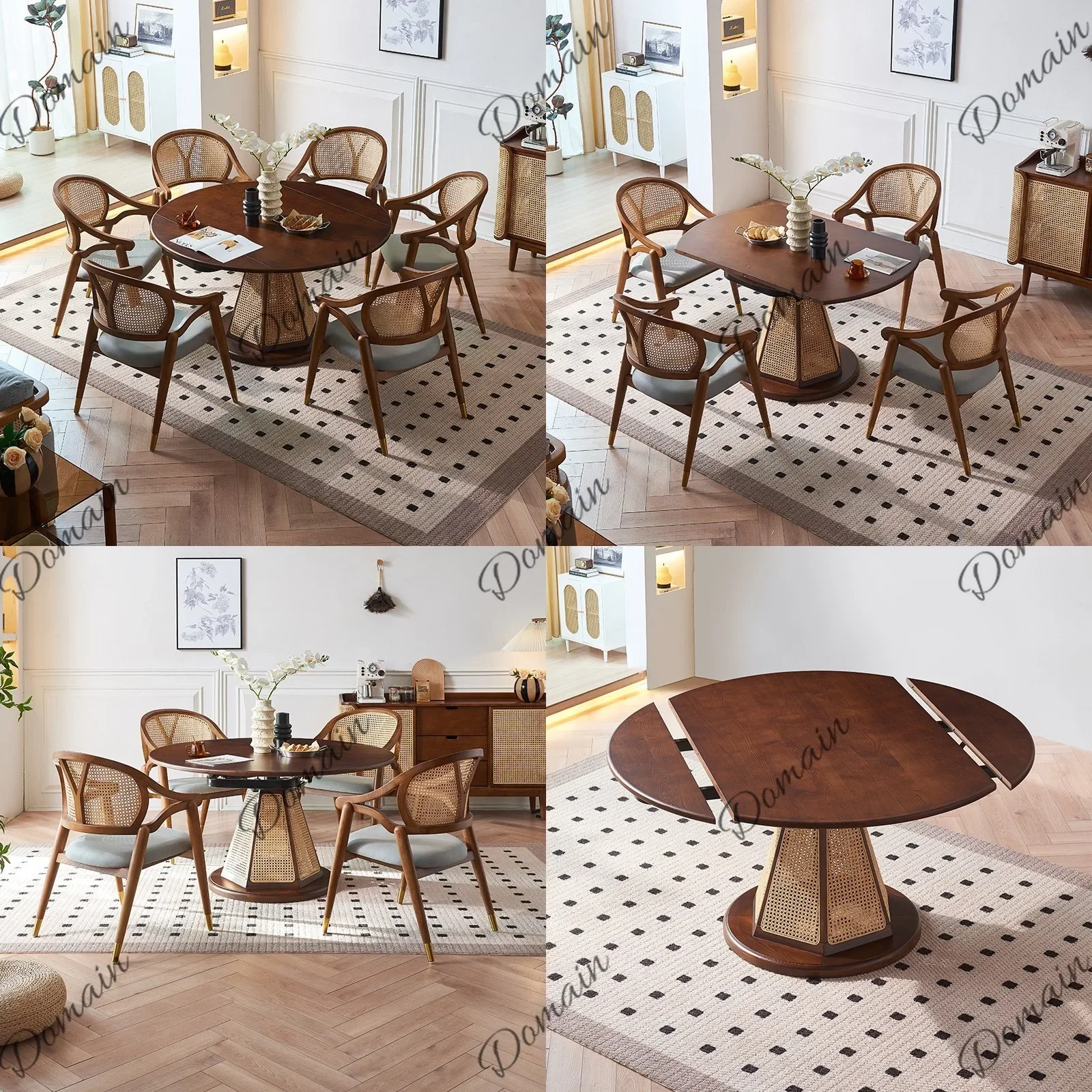 Cv New Chinese Style Round Rattan Solid Wood Dining Table Rotatable Folding Extendable Space Saving For Small Apartment