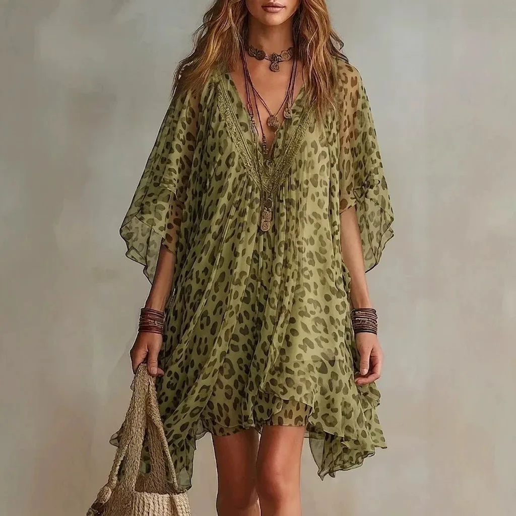 V Neck Chiffon Dress Dresses Summer Spring Beach Vacation Loose Cover Up Leopard Print Jumpsuit Playsuit Matching Set