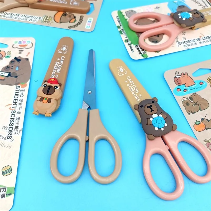 3/1 قطعة مقص القرطاسية عشوائي لطيف كابيبارا رأس مستدير آمن الة قطع الورق الفولاذ المقاوم للصدأ مقص فني مع حافظة واقية #4