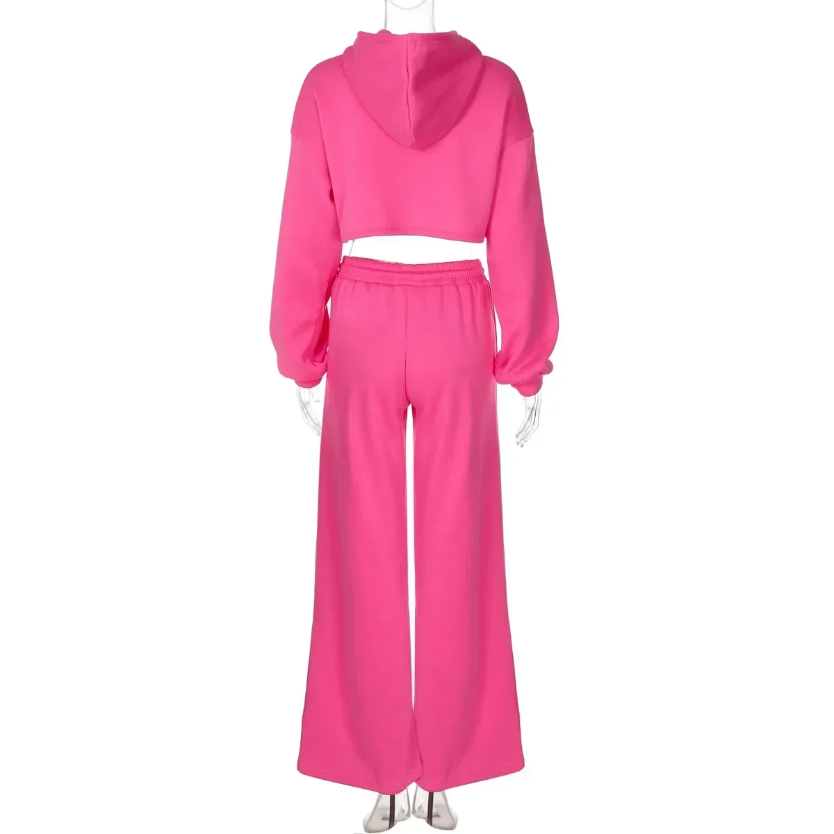 여성용 솔리드 루즈 캐주얼 플리스 2 피스 세트, 지퍼 운동복, 전체 소매 후드 재킷, 크롭탑 + 와이드 레그 팬츠, 스트리트 슈트