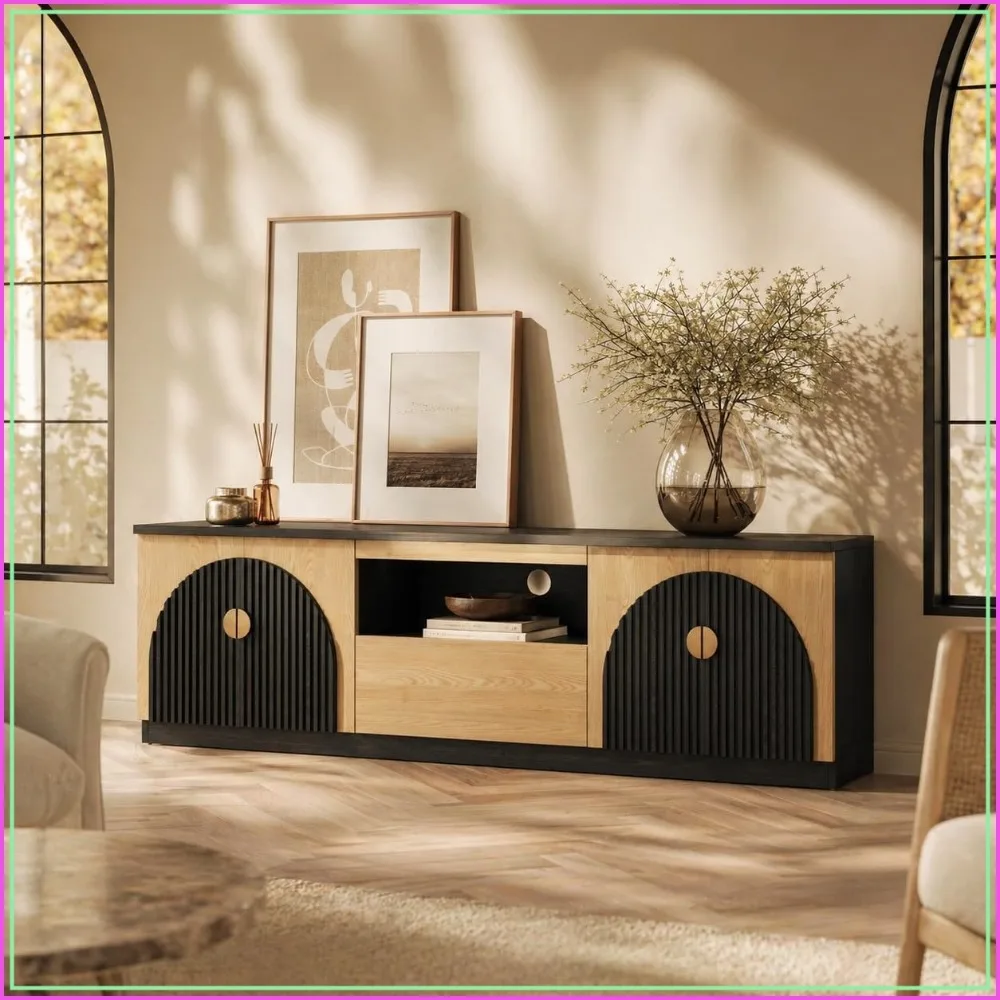 71 Inch Fluted TV Stand, Two-Tone Mid Century Media Console for Living Room