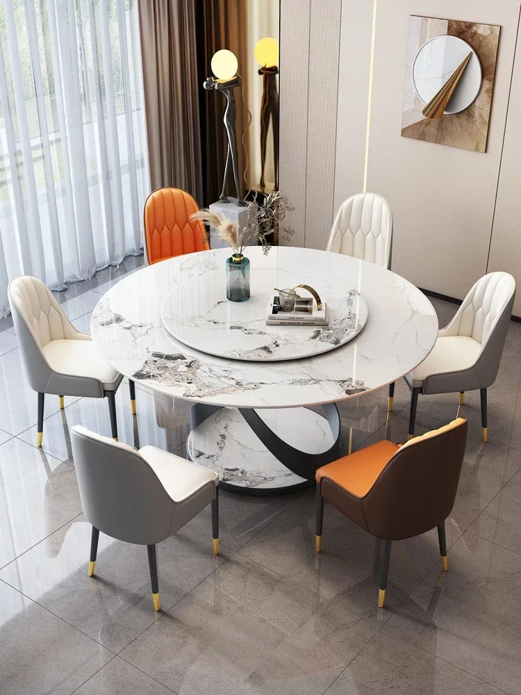 Marble circular dining table and chair combination, household round table with turntable, Italian rock plate dining table,