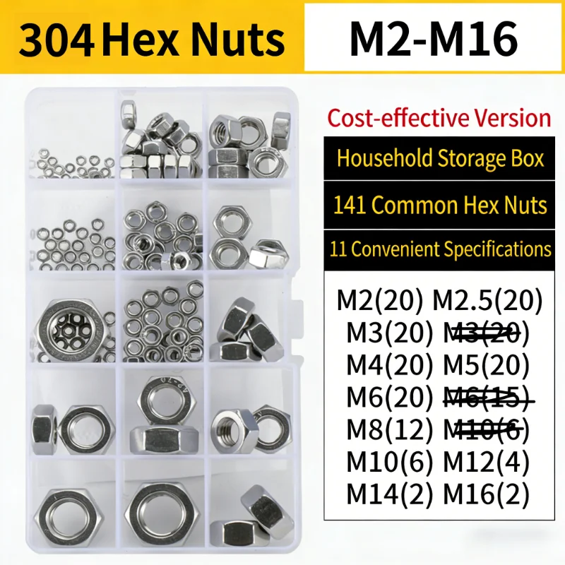 1 Set Mix M2 M2.5 M3 M4 M5 M6 M8 M10 M12 M14 M16 Hex Hexagon Nut Kit Box 304/316/201 Stainless Steel