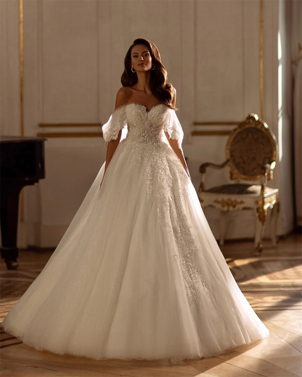 تخصيص مثير الأبيض الأورجانزا فستان الزفاف لينة الحبيب قبالة الكتف فستان زفاف بوهو ألف خط ذيل محكمة رداء دي mariée