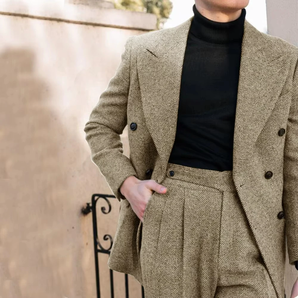 

Herringbone Men's Suit Autumn Winter Blazer Pants 2 Pieces Set Lapel Double Breasted Tuxedos Groom Party Business Tailored