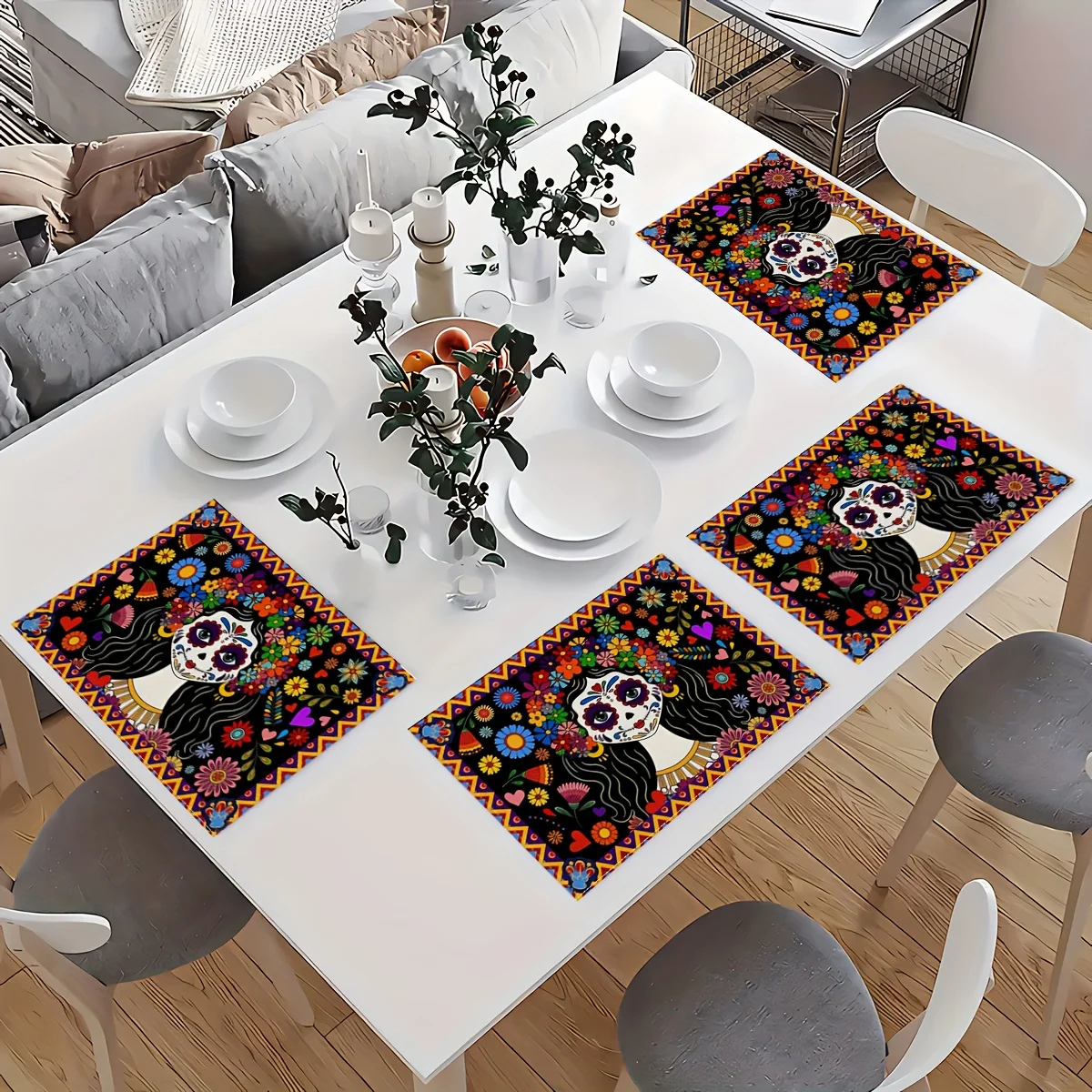 4-Piece Mexican Mat Set Day of the Dead Mat Cartoon Girl Skull Flower Pattern for Día de Muertos Party and Family Gatherings