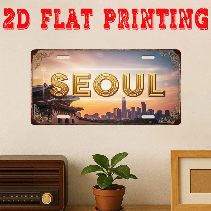 2D Flat, 2D Flat - 2D Printed on a Flat Surface, 1pc, Vintage Metal Tin Sign, Decorative Plaque And Signboard, Seoul City Sig