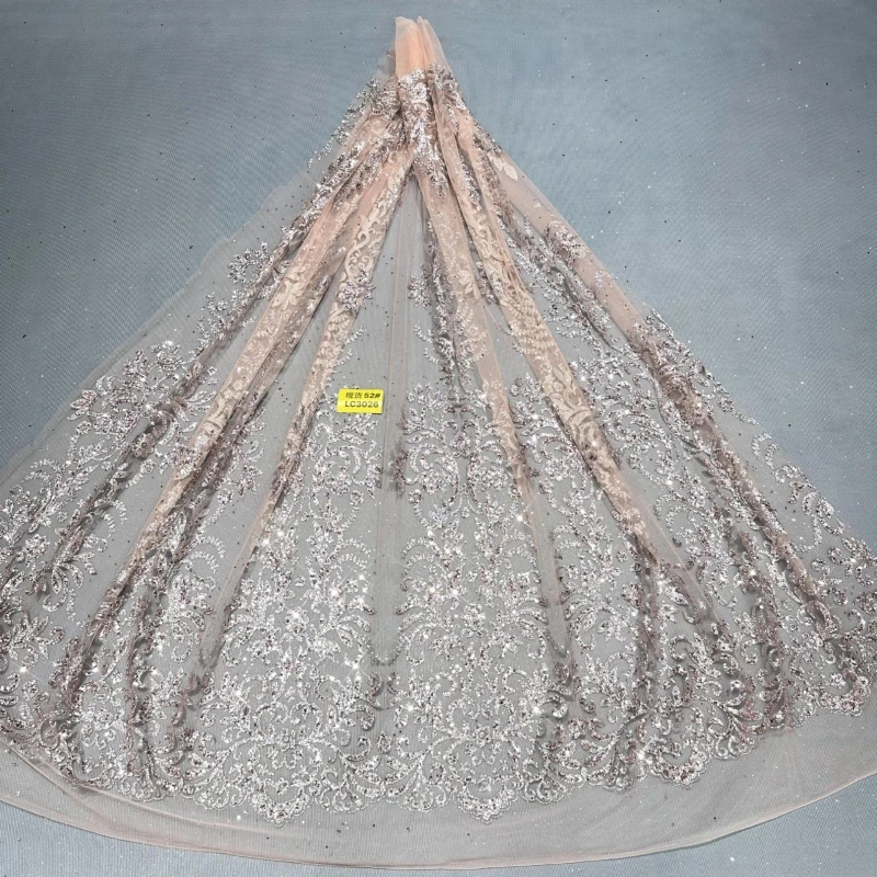 

10 ярдов ткани цвета шампань с африканским дизайном, блестящей вышивкой и приклеенными пайетками для свадебных или вечерних платьев