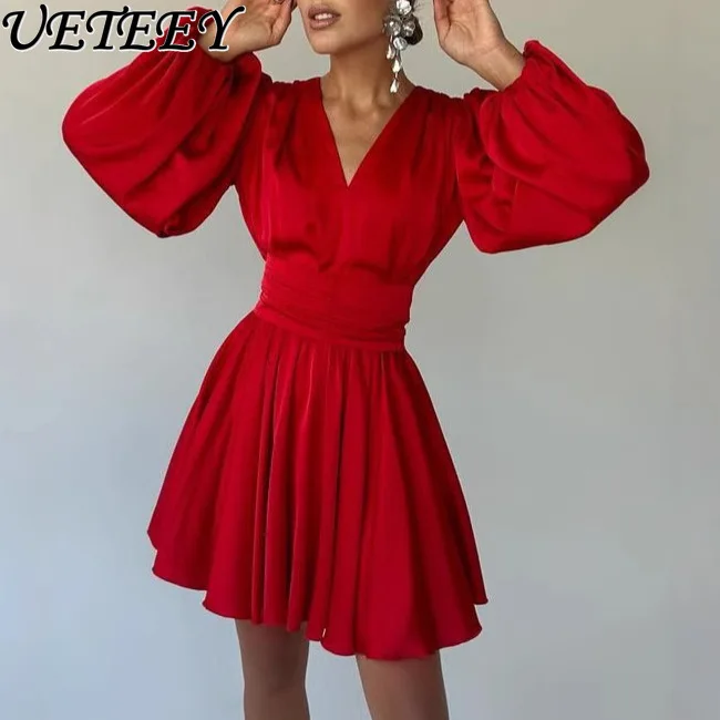 เดรสผ้าซาตินทรงเอไลน์ แขนยาวพอง สไตล์ฝรั่งเศส ระดับไฮเอนด์ สีพื้น คอวี ช่วงเอวเข้ารูป เหมาะสำหรับงานวันเกิด