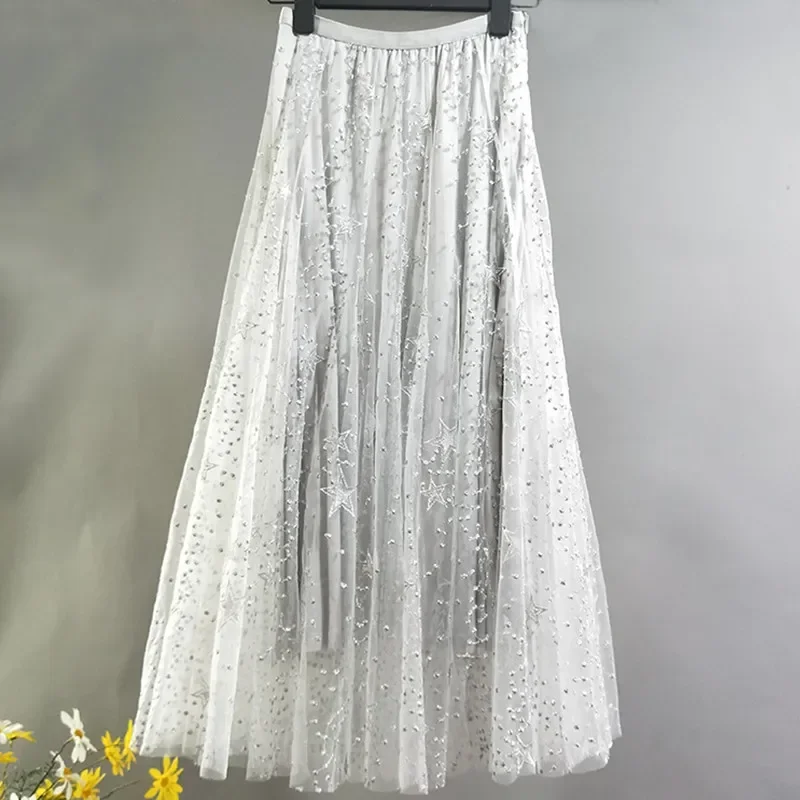 

New ultra thin meters tall waist of fire embroidery A word gauze chic fishtail skirt female