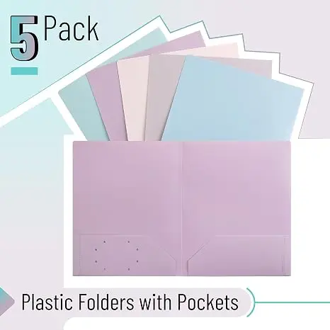Plastic Folders with Pockets, 5 pcs | Aesthetic File Folder with Business Card Slot, 2-Pocket Folder, Back to School, Office, Filing Supplies view 6