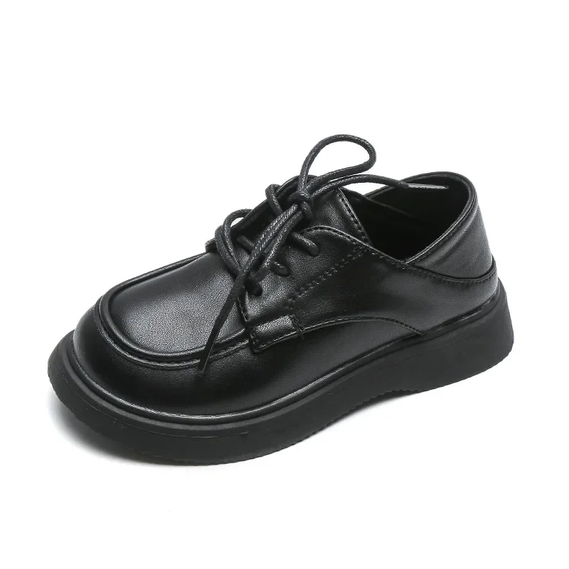 Children Little PU Black Shoes 2024 Spring New Britain Style Retro Loafers Japanese Lace-up School Shoes for Girls and Boys Flat