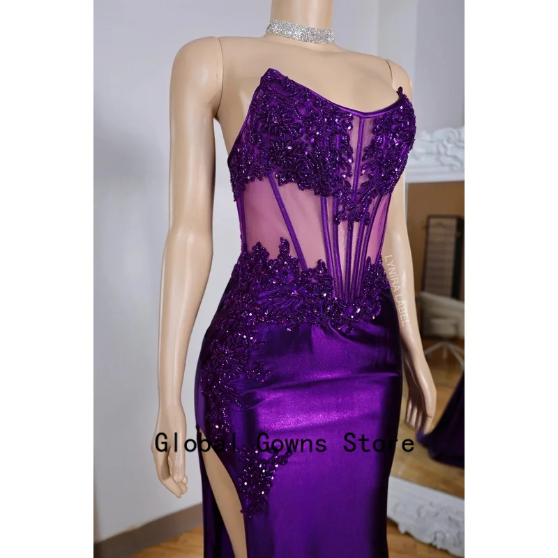 흑인 소녀들을 위한 보라색 긴 댄스 파티 드레스 쉬어 슬릿 비즈 아메리칸 아프리카 이브닝 가운 생일 파티 가운 맞춤형