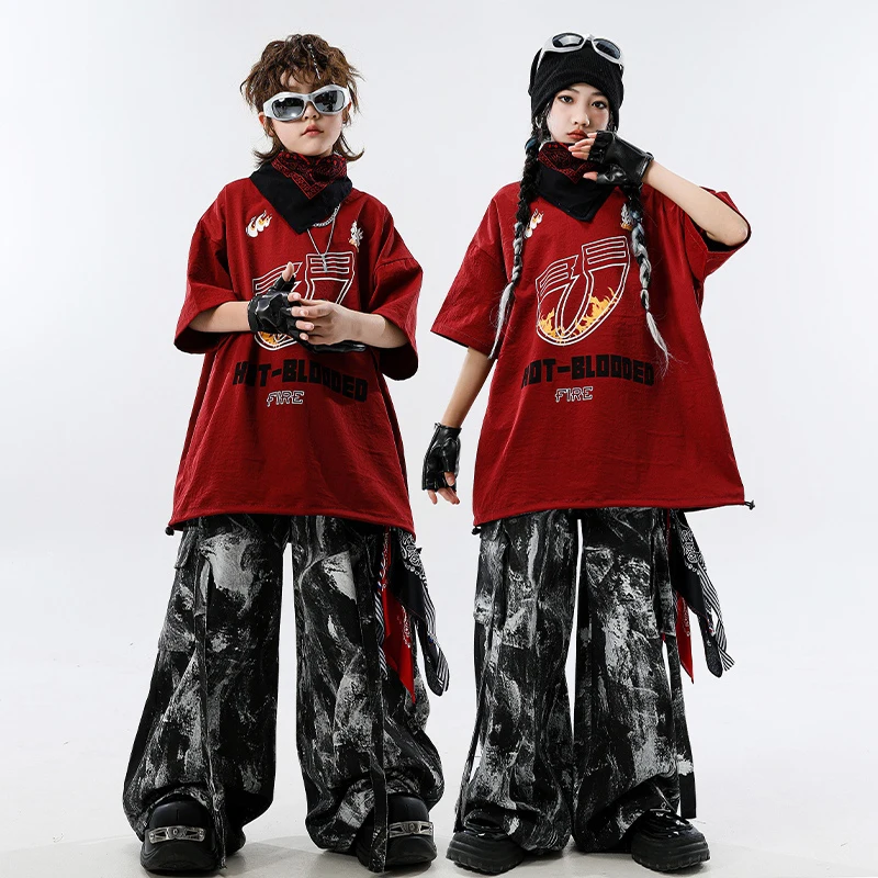 Jongens Straatdansen Set Meisjes Jazzdans Kostuum Hip Hop Outfit Kinderen Prestaties Dans Kleding Rode Tops Cargo Broek XH2616