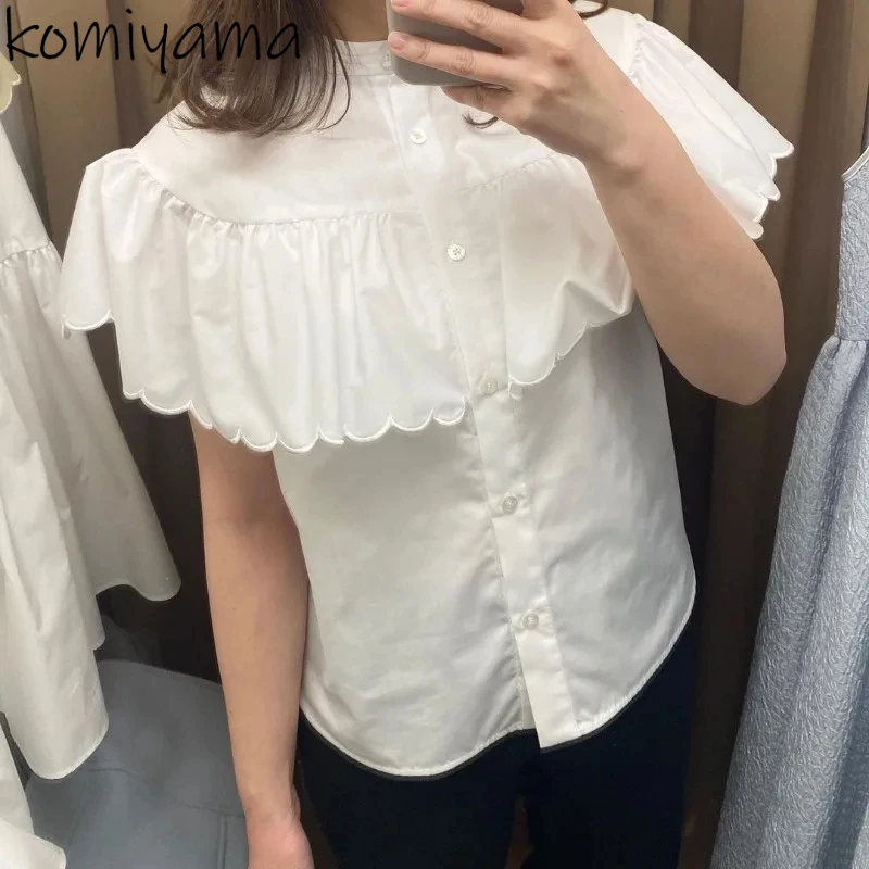 Japan Single Breasted Camisas 2025 Flying Sleeve Shirts & Blouses Embroidery Blusas Solid All Match Ropa Mujer Summer New Tops