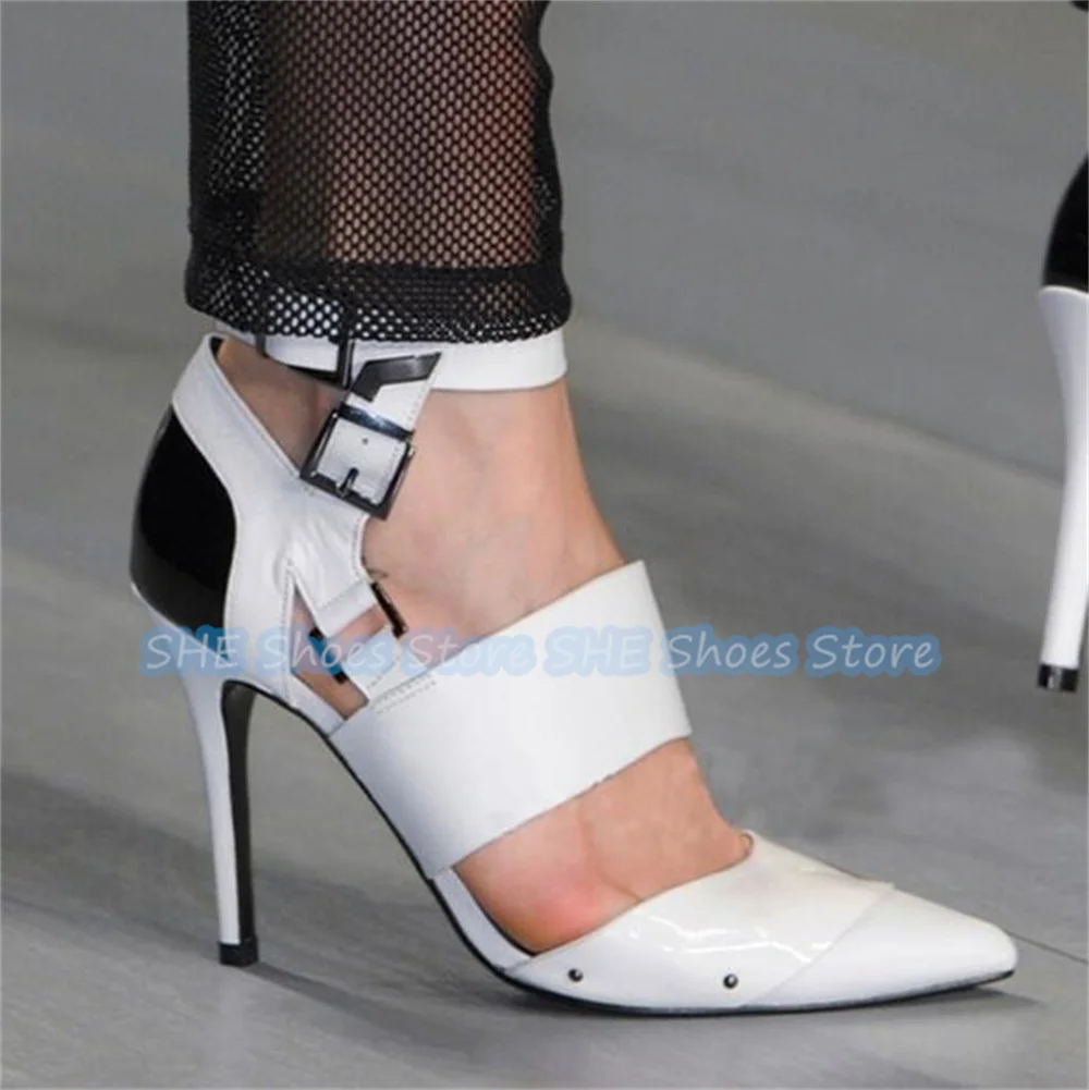 Punk Rivet Cutout Ankle Strap Stiletto Heels Sandals Women Patchwork Pointed Toe High Heel Gladiator Party Nightclub Dress Shoes