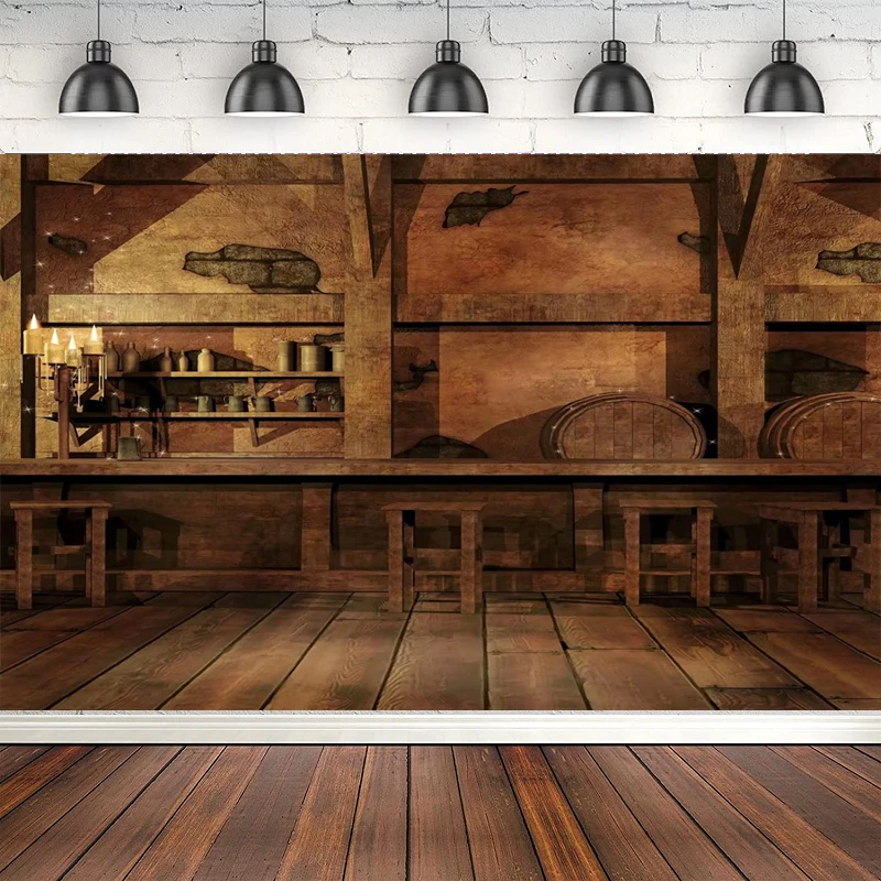 Fondo de fotografía de vaquero del Salvaje Oeste, salón occidental, Bar, pared antigua rústica, mesas, sillas, fondo, suministros para fiestas temáticas