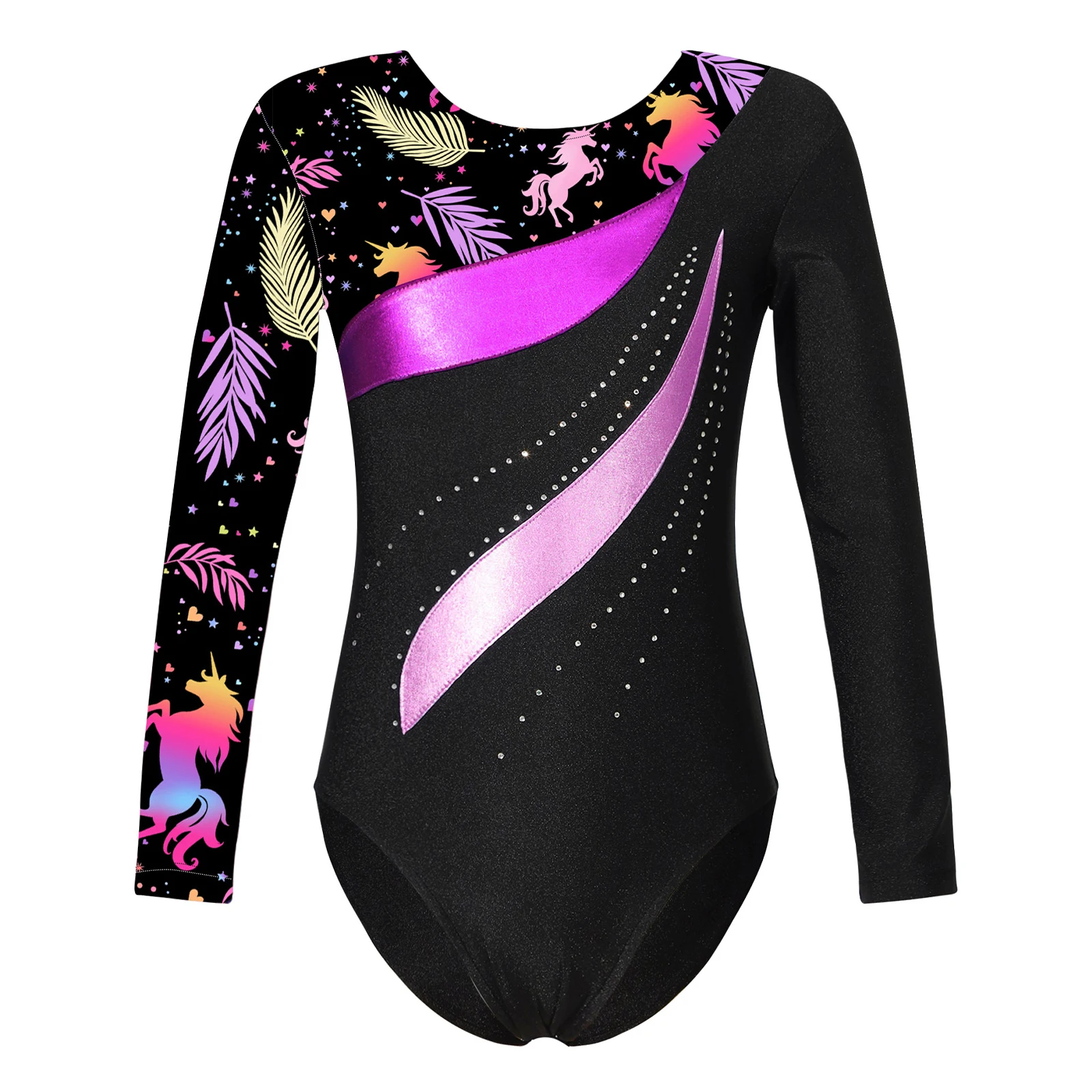 Kids Long Sleeve Shiny Ballet Dance Bodysuit Rhythmic Gymnastics Leotard Teens Print Figure Skating Jumpsuit for Girls Dancewear