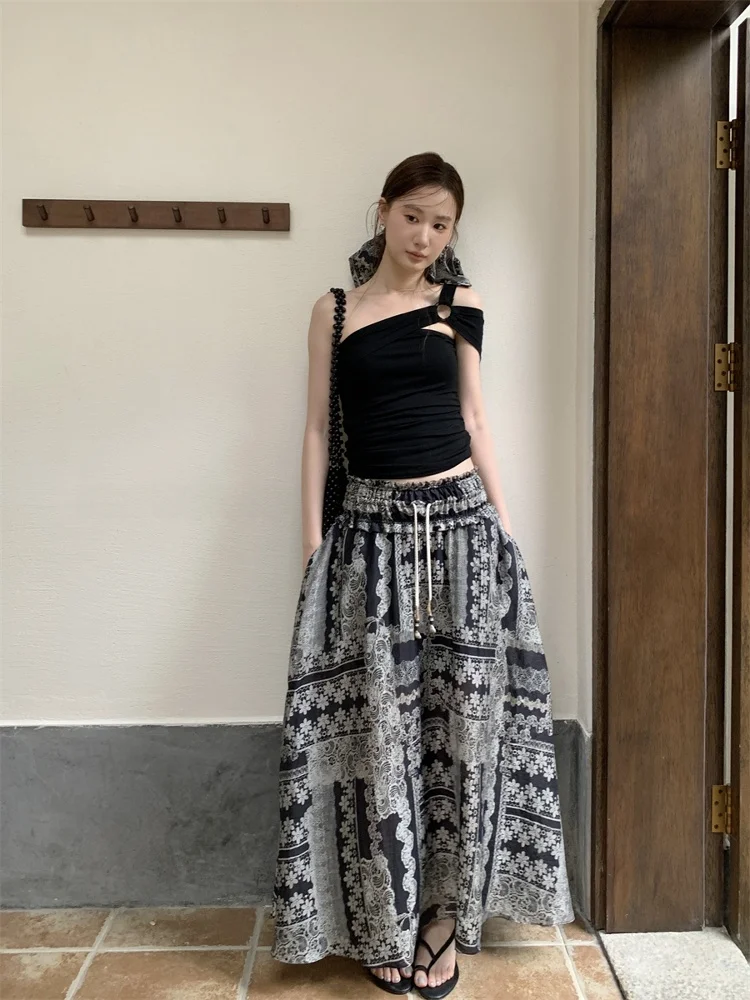 

TCCW Summer New Wave Print Half Skirt with Drawstring Women's Long Slimming Skirt High Waist A-Line Vintage Style Commute