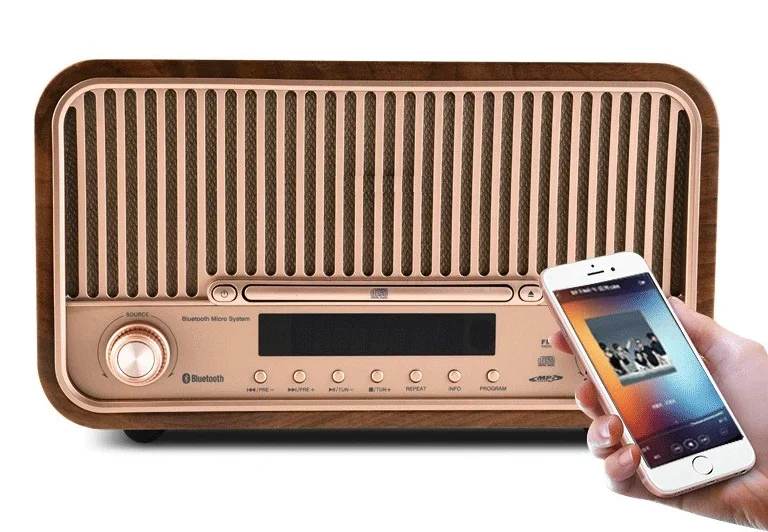 CD FM Music/ radio dual alarm clock setting remote control multi-mode Play Fever Level Wireless Blue tooth wooden Audio Speaker