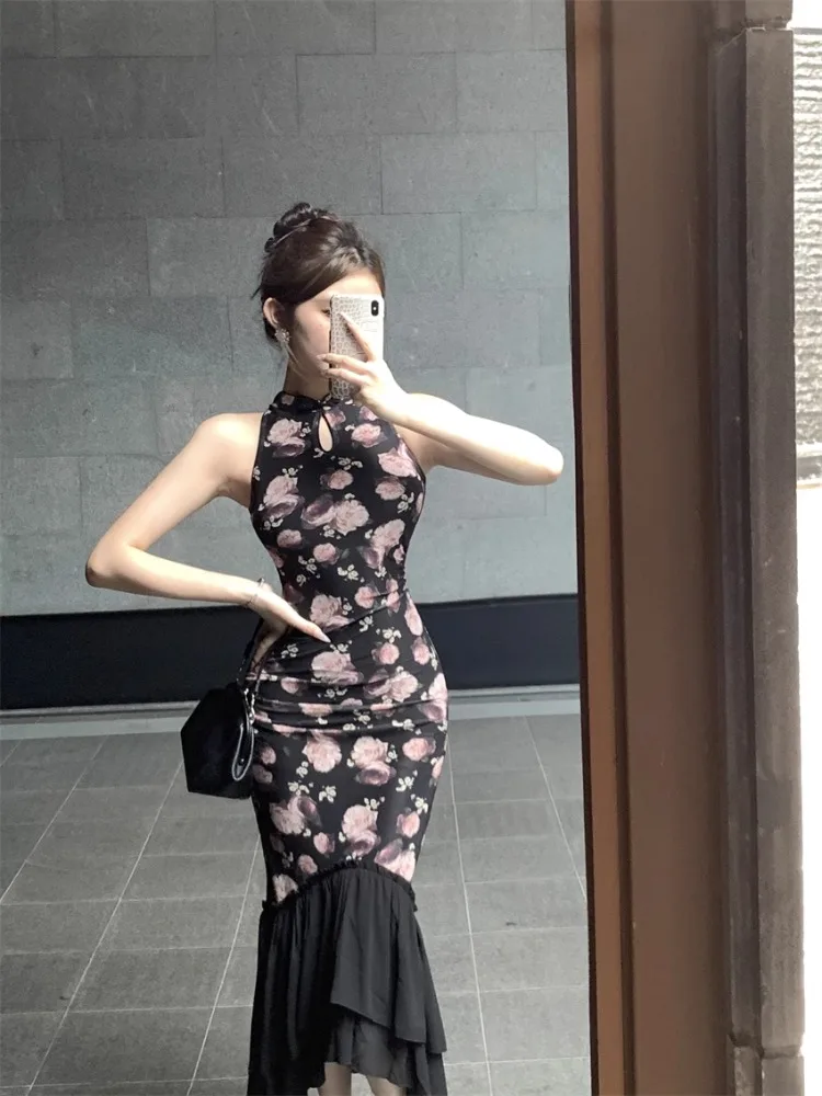 Ezgaga Mermaid Dresses Women Floral Printed Sleeveless Stand Collar Hollow Out Slim Vintage Elegant Sexy Party Dress Ladies