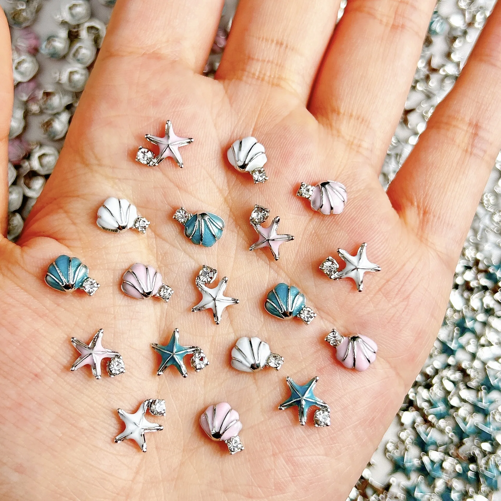 10Pcs Ocean Fantasy Nail Charms - 3D Alloy Starfish & Seashell Rhinestones for Mermaid-Inspired Manicures