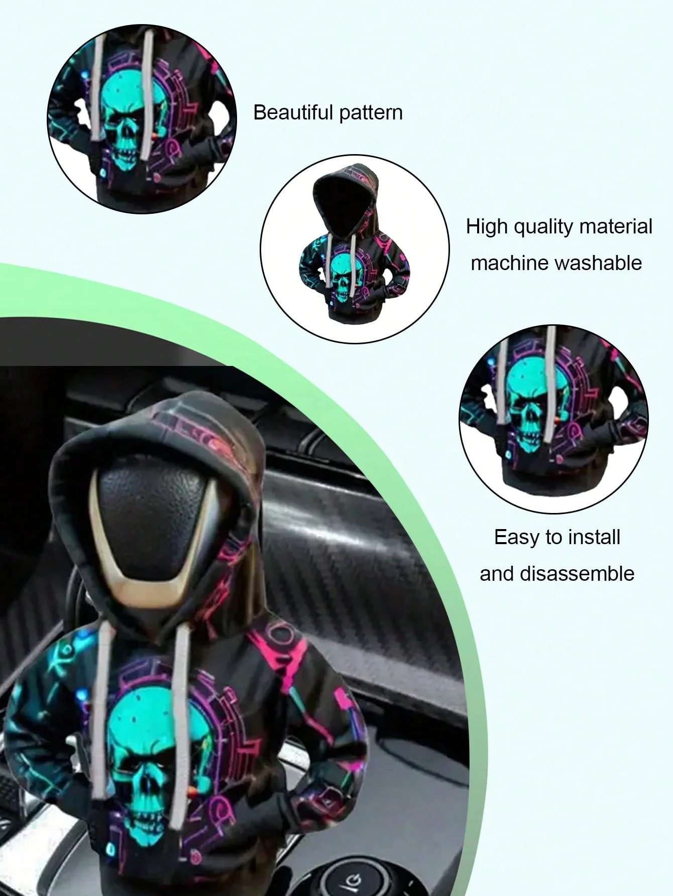 Creative Hoodie Gear Shift Cover – Fun Car Interior Accessory with Neon Skull Print, Soft Anti-Sweat Inner Lining, Easy to Insta