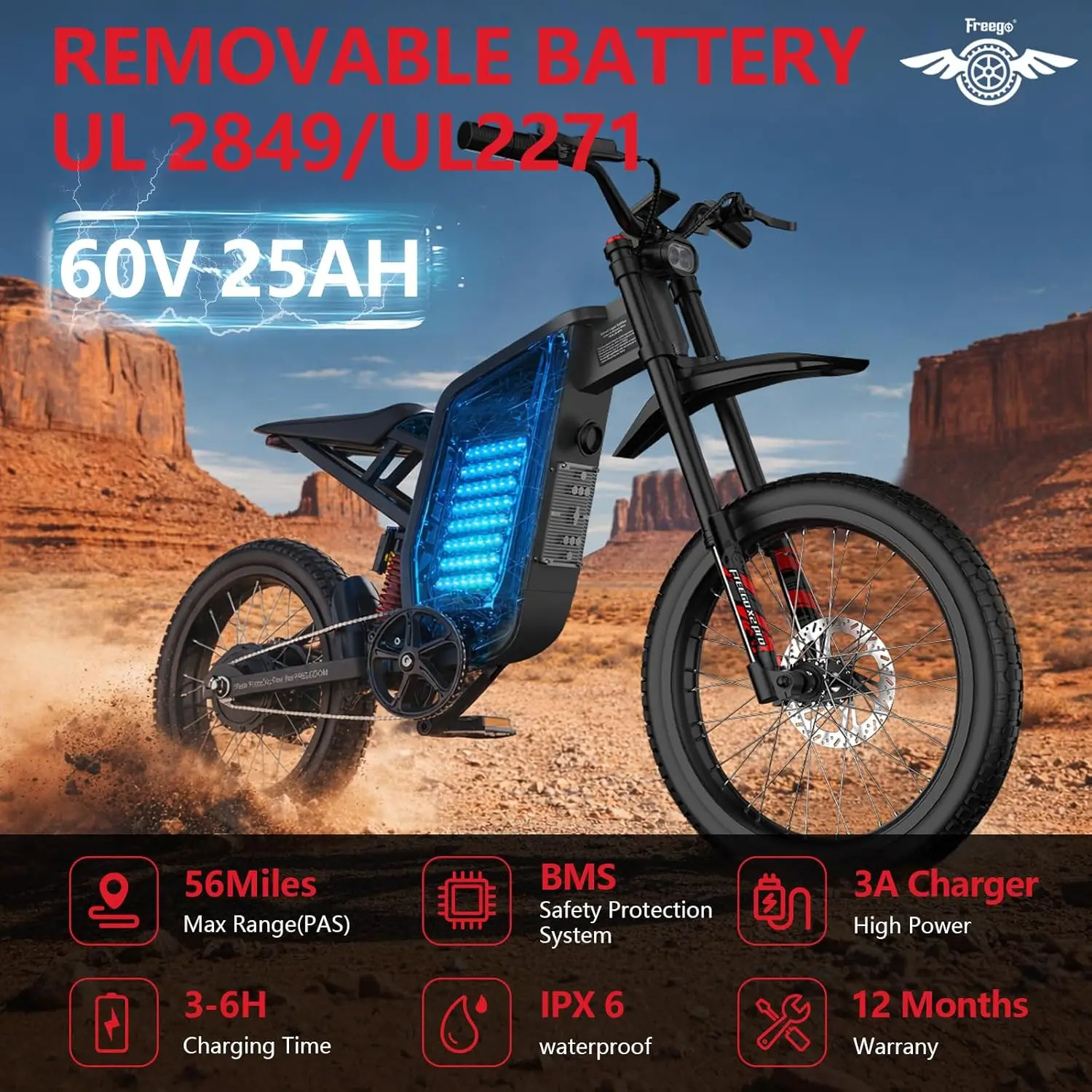 Freego X1 Electric bike 3000W Peak Motor 60V25Ah Battery 40 Miles Range Electric Motorcycles 17X1.6'' Tire Electric Dirt Bikes