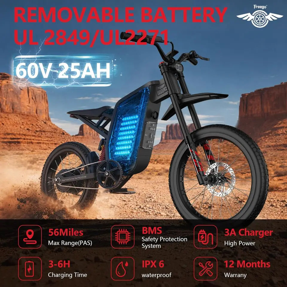 Freego X1 Electric bike 3000W Peak Motor 60V25Ah Battery 40 Miles Range Electric Motorcycles 17X1.6'' Tire Electric Dirt Bikes image 3