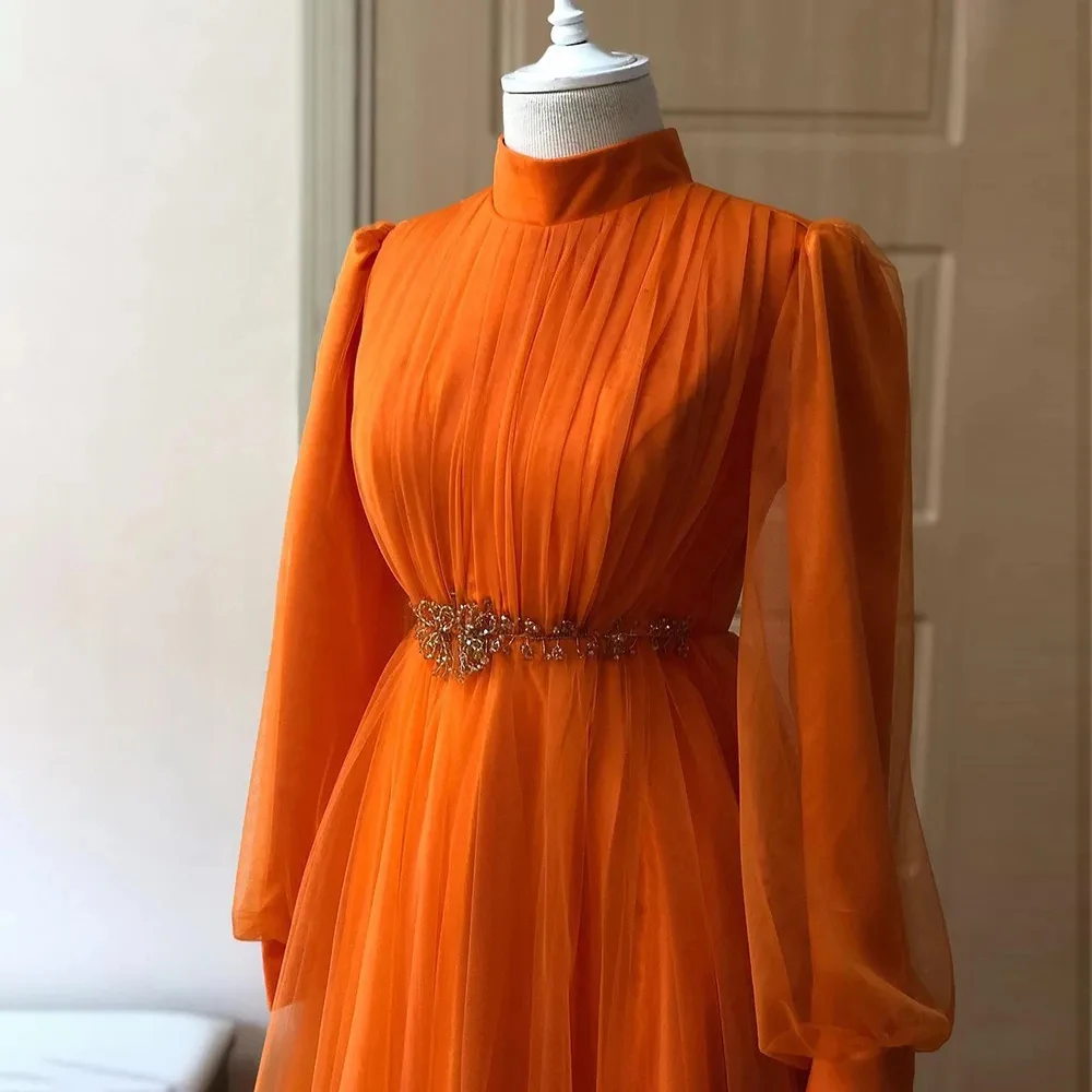 Orange Caftan Prom Dresses Moroccan Applique Formal Party Gowns Arabic Dubai Muslim A Line Long Tulle Women Evening Vestidos De