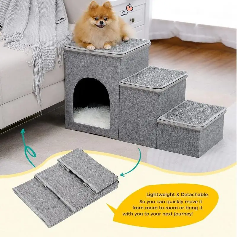 Foldable Pet Stairs With Storage Box 3 Steps Ramp Stairs For Couch Sofa High Bed Puppy Ramp Small Dog Stairs Pet Cat Dog Nest