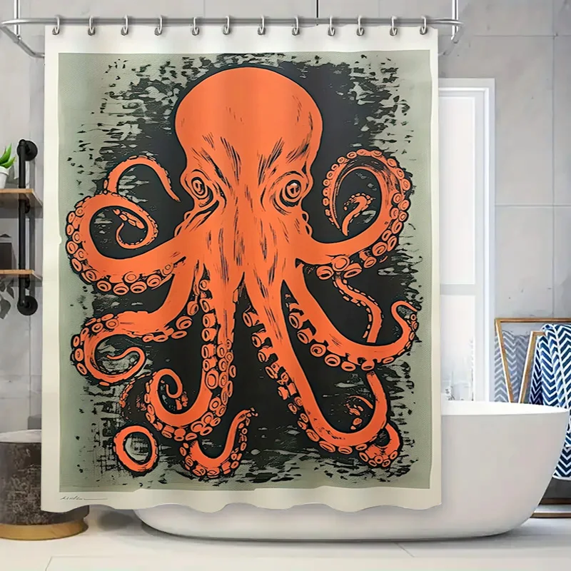 

Современная занавеска для душа в виде осьминога, оранжевые щупальца, дизайн для декора ванной комнаты, водонепроницаемая ткань, подходит для душевых штанг 180 см (черный, серый)