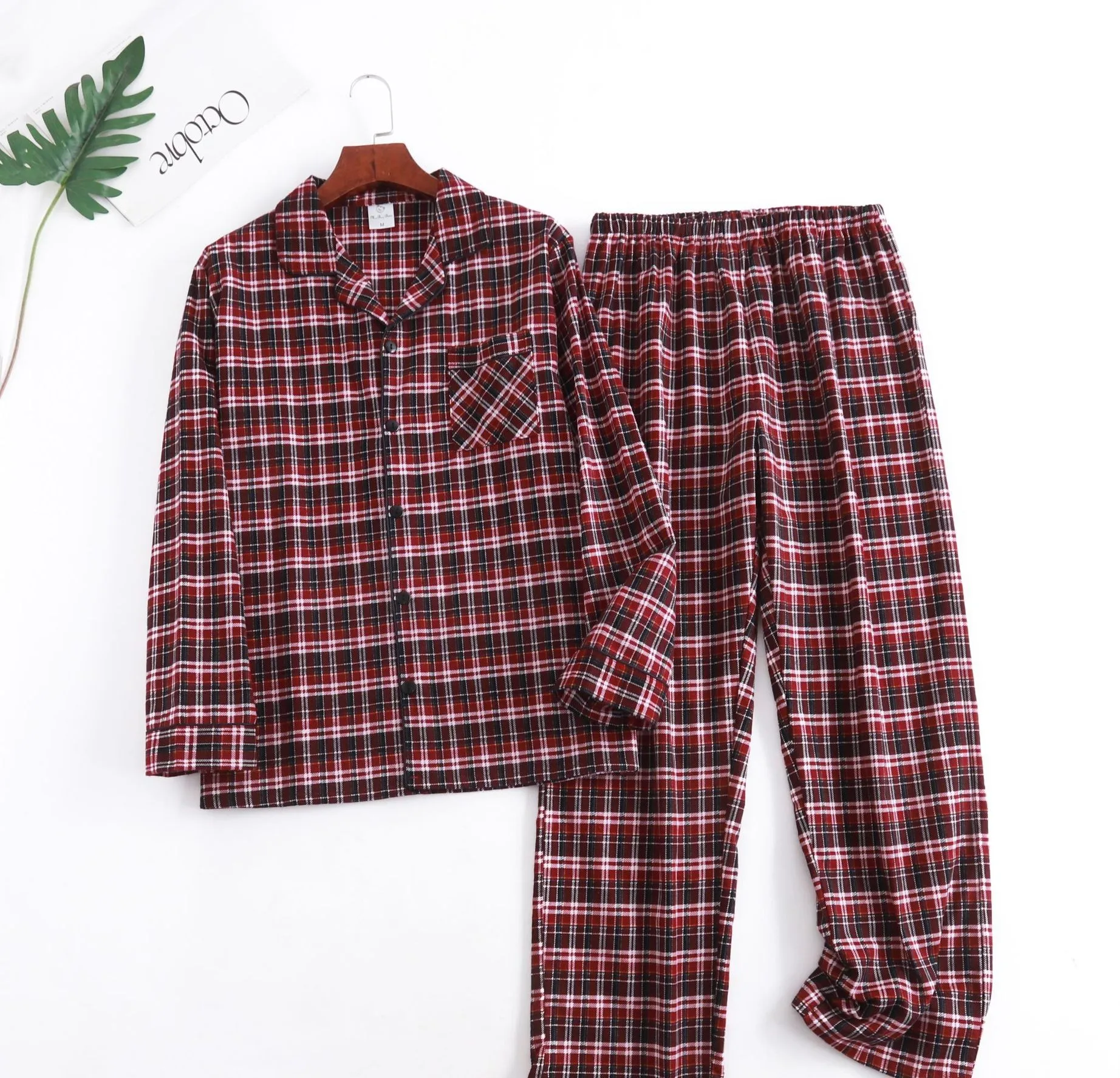 Spring Autumn MenPolka Dot Pajama Sets Male 100% Polished Pure Cotton Sleepwear Suit Plus Size Turn-down Collar Shirt & Pants