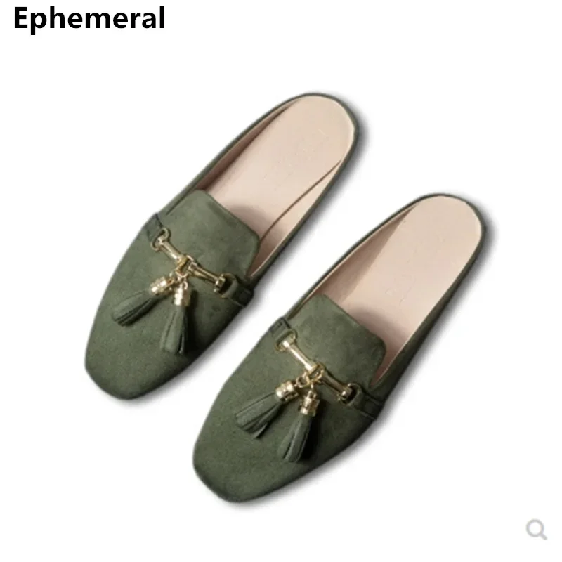 Lady Metal Tassel Round Toe Slippers Flock Outdoor Slides Comfortable 2022 New Arrivals Fashion Brand Shoes Plus Size 44 38 Grey
