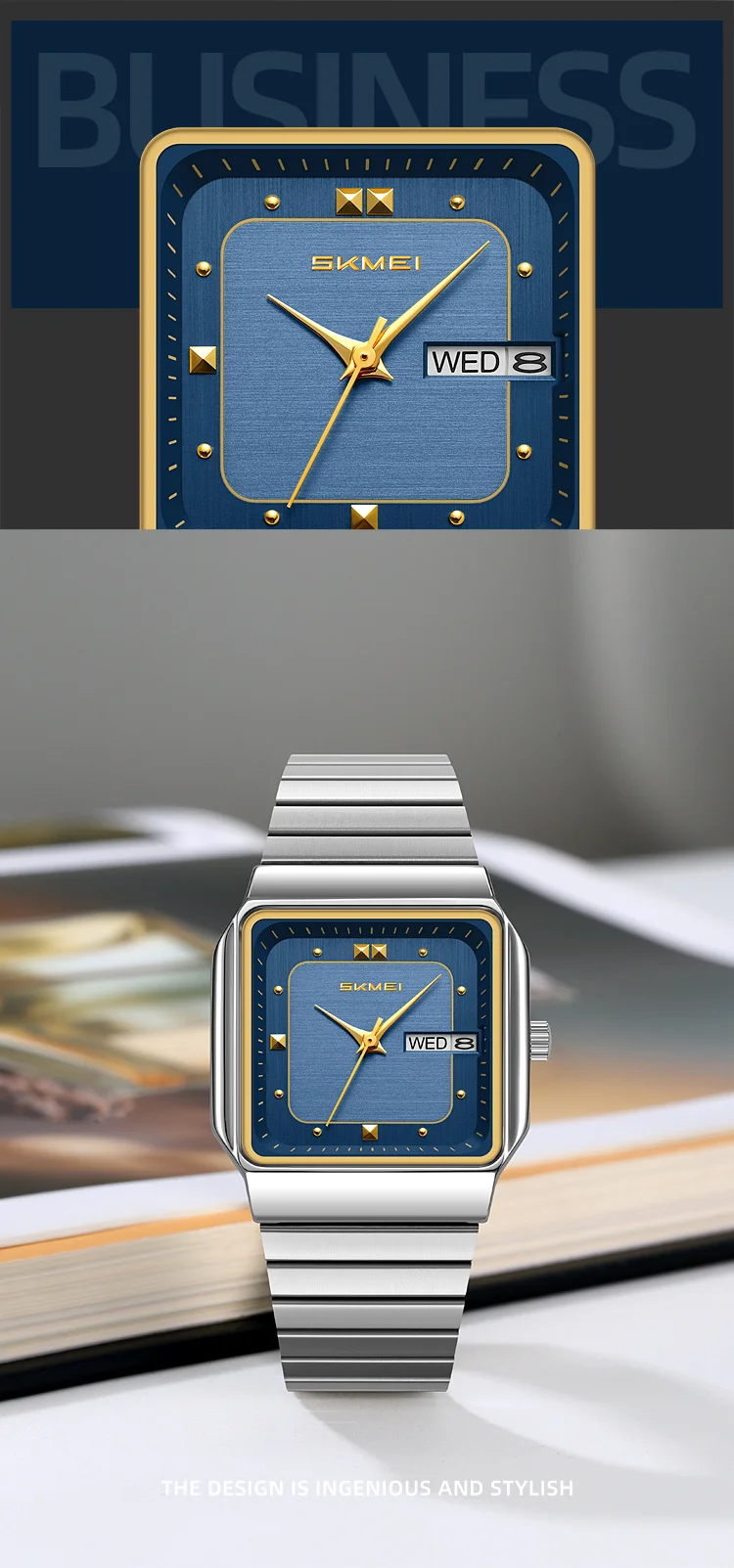 SKMEI 9414 Simple Square Dial Calendar Week Stainless Steel Strap Quartz Watch Men's Waterproof Business Mens Watch Reloj Hombre
