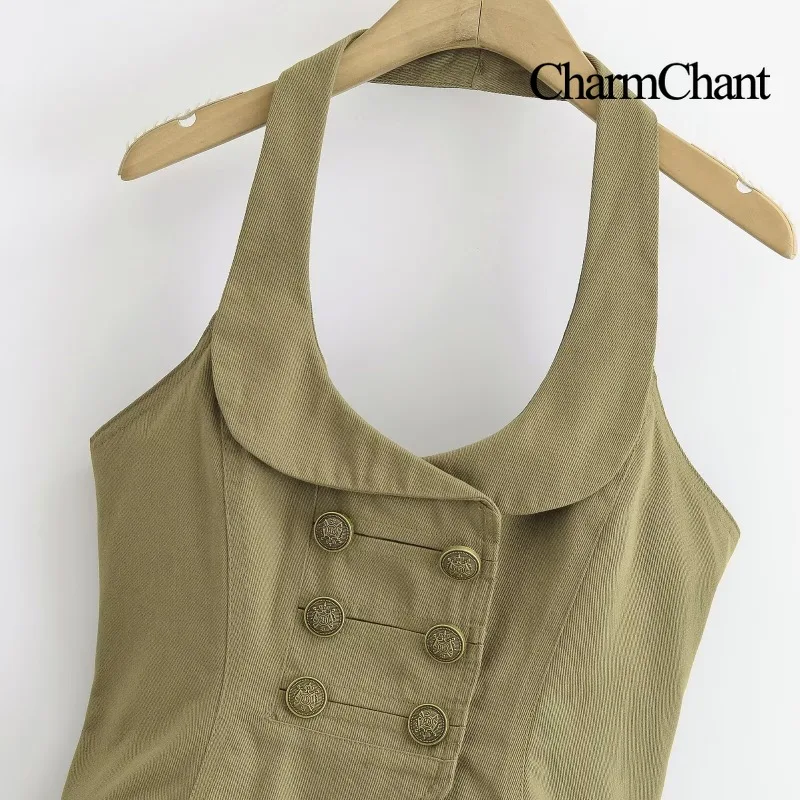 CHARMCHANT Women's Vintage Halter Neck Double Breasted Cropped Waistcoat Vest For Streetwear Daily Outing Summer 2026